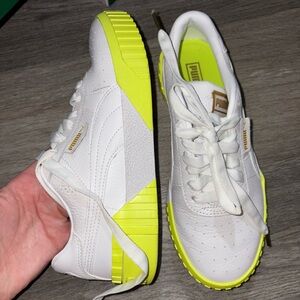 Puma White and Neon Yellow Cali Sneakers